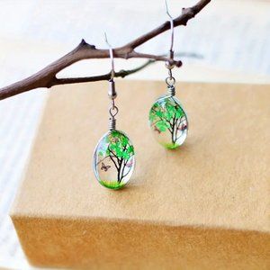 Dried Flower Tree of Life Drop Earrings - Green